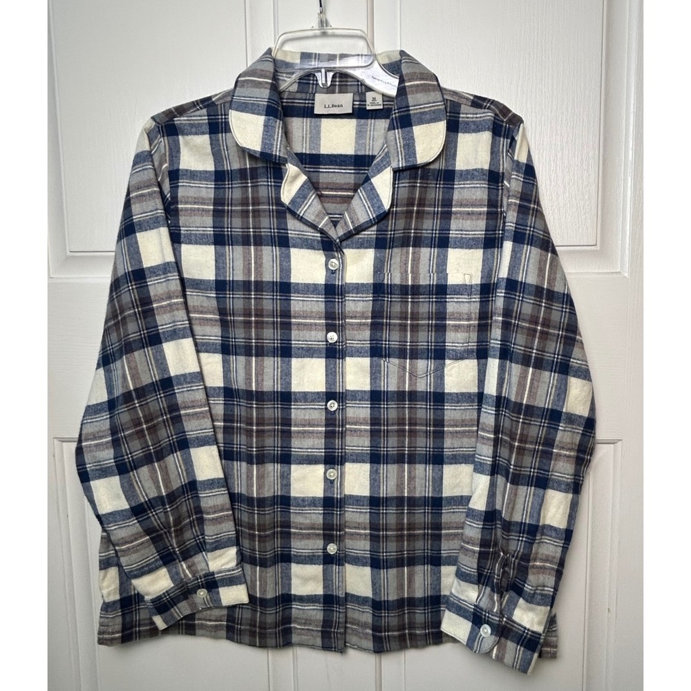 L.L.Bean Plaid Flannel Lounge Shirt Womens M Petite Blue Cotton